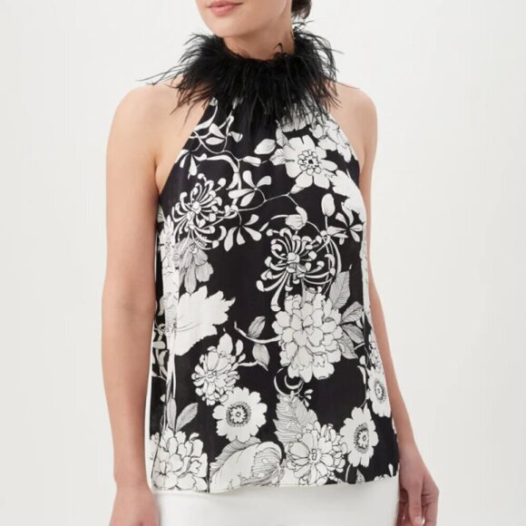 Trina Turk 'Grand' Feather-Neckline Sleeveless Floral-Print Top, Black/White - Picture 1 of 3